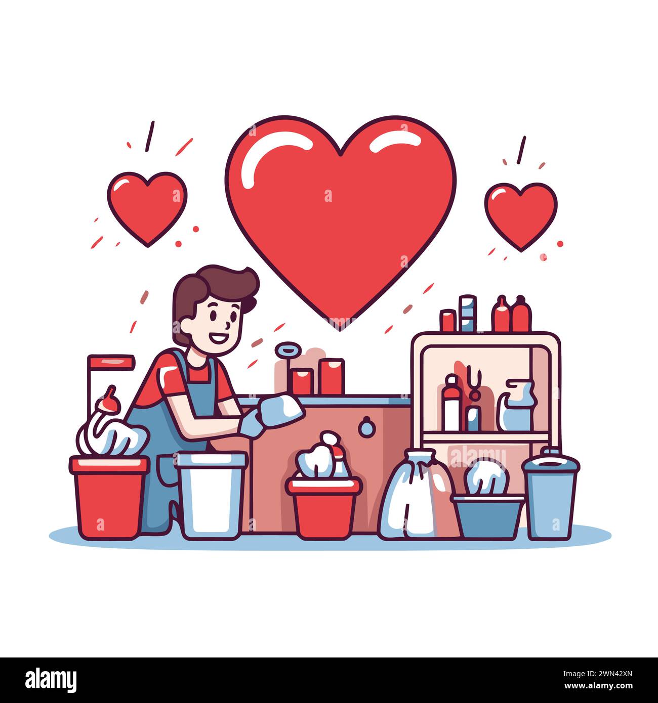 Cleaning service concept. Vector illustration in flat linear style. Man ...