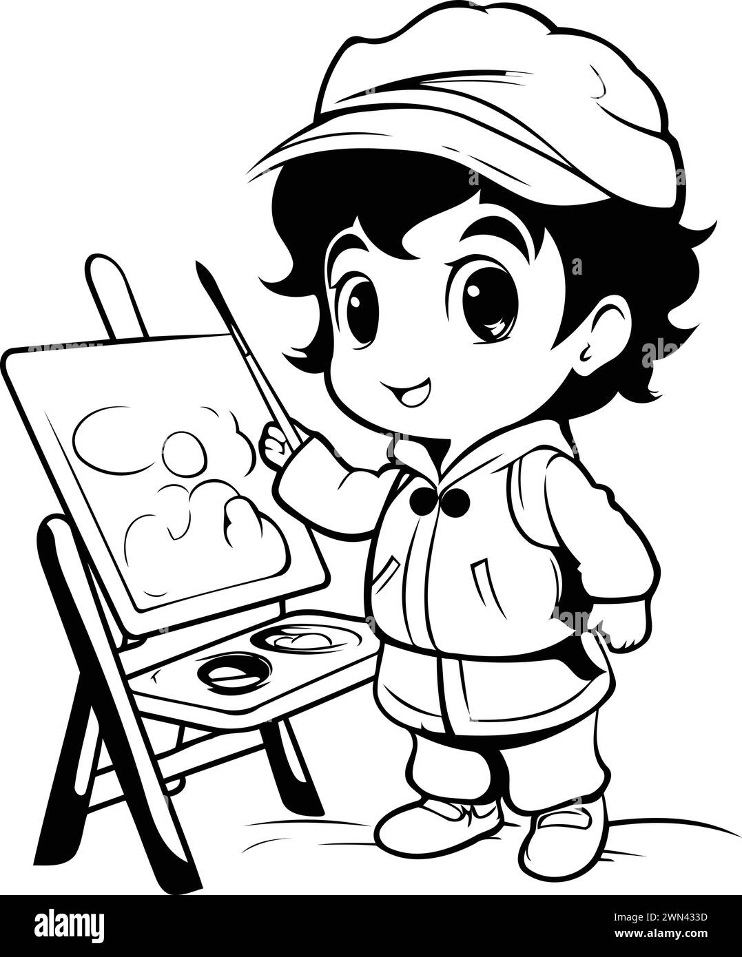 Black and White Cartoon Illustration of Cute Little Boy Artist