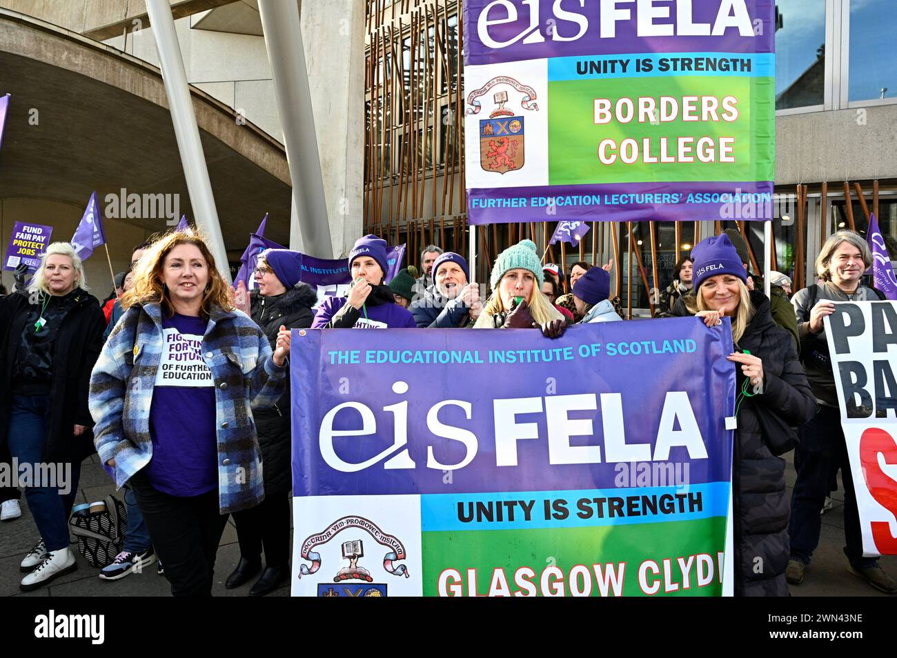 Edinburgh, Scotland, UK. 29th February 2024.  Rally by EIS FELA and Unison protesting against the planned funding cuts to further education and for a fair pay rise, protest at the Scottish parliament Holyrood. Credit: Craig Brown/Alamy Live News Stock Photo