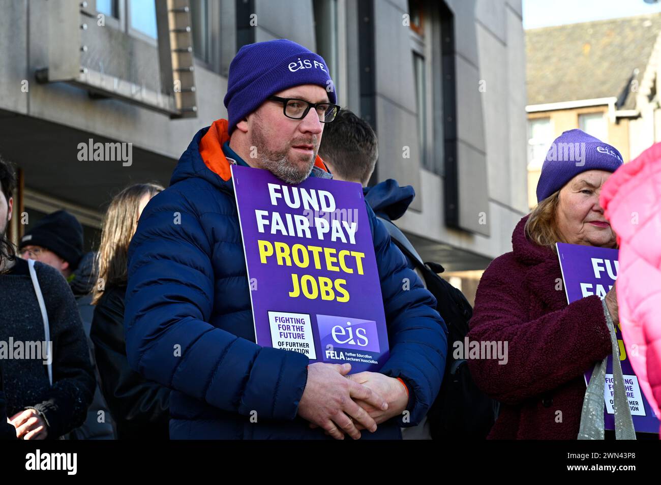 Edinburgh, Scotland, UK. 29th February 2024.  Rally by EIS FELA and Unison protesting against the planned funding cuts to further education and for a fair pay rise, protest at the Scottish parliament Holyrood. Credit: Craig Brown/Alamy Live News Stock Photo