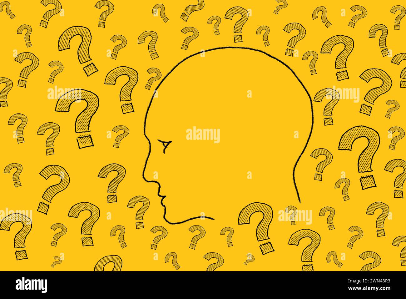 Human head with question marks. Illustration on yellow background Stock Photo