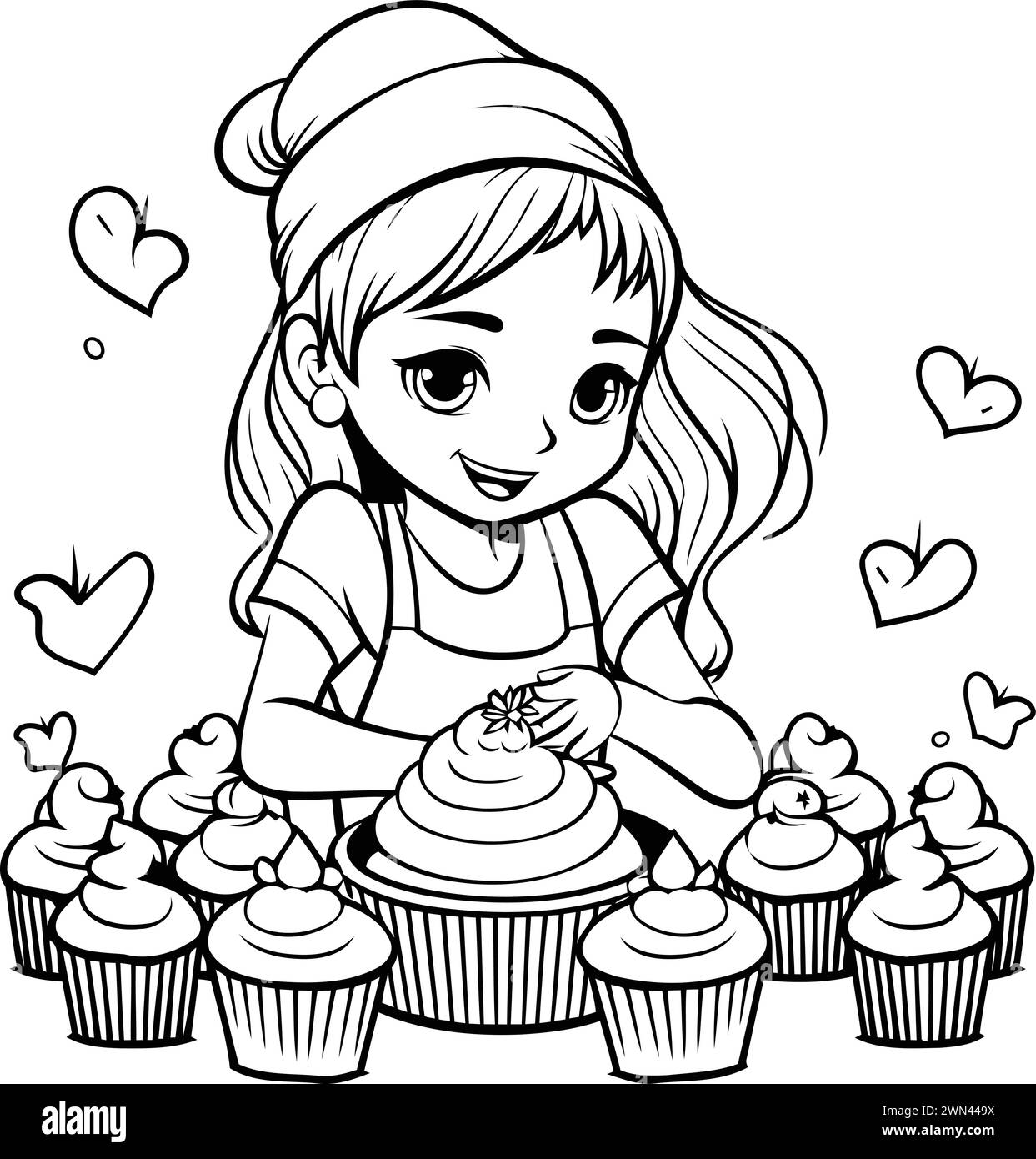 Black and White Cartoon Illustration of Little Girl with Cupcakes for Coloring Book Stock Vector
