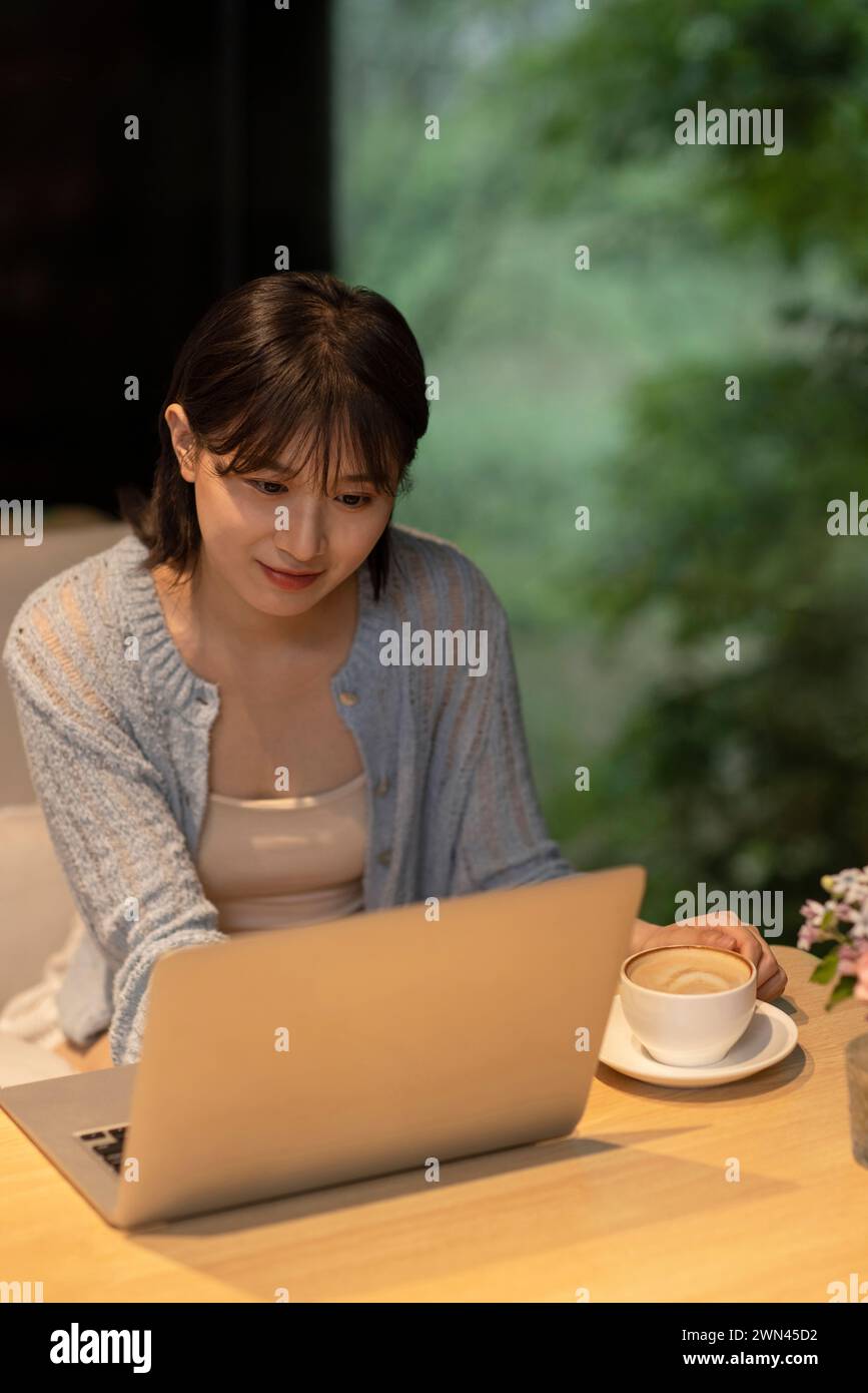 Young woman using laptop in café Stock Photo - Alamy