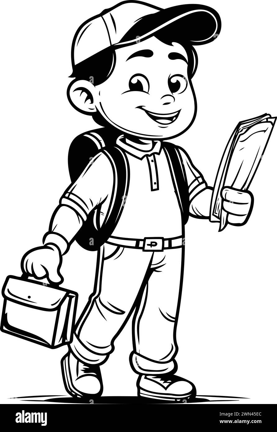Cartoon schoolboy with a backpack and a book. Vector illustration. Stock Vector