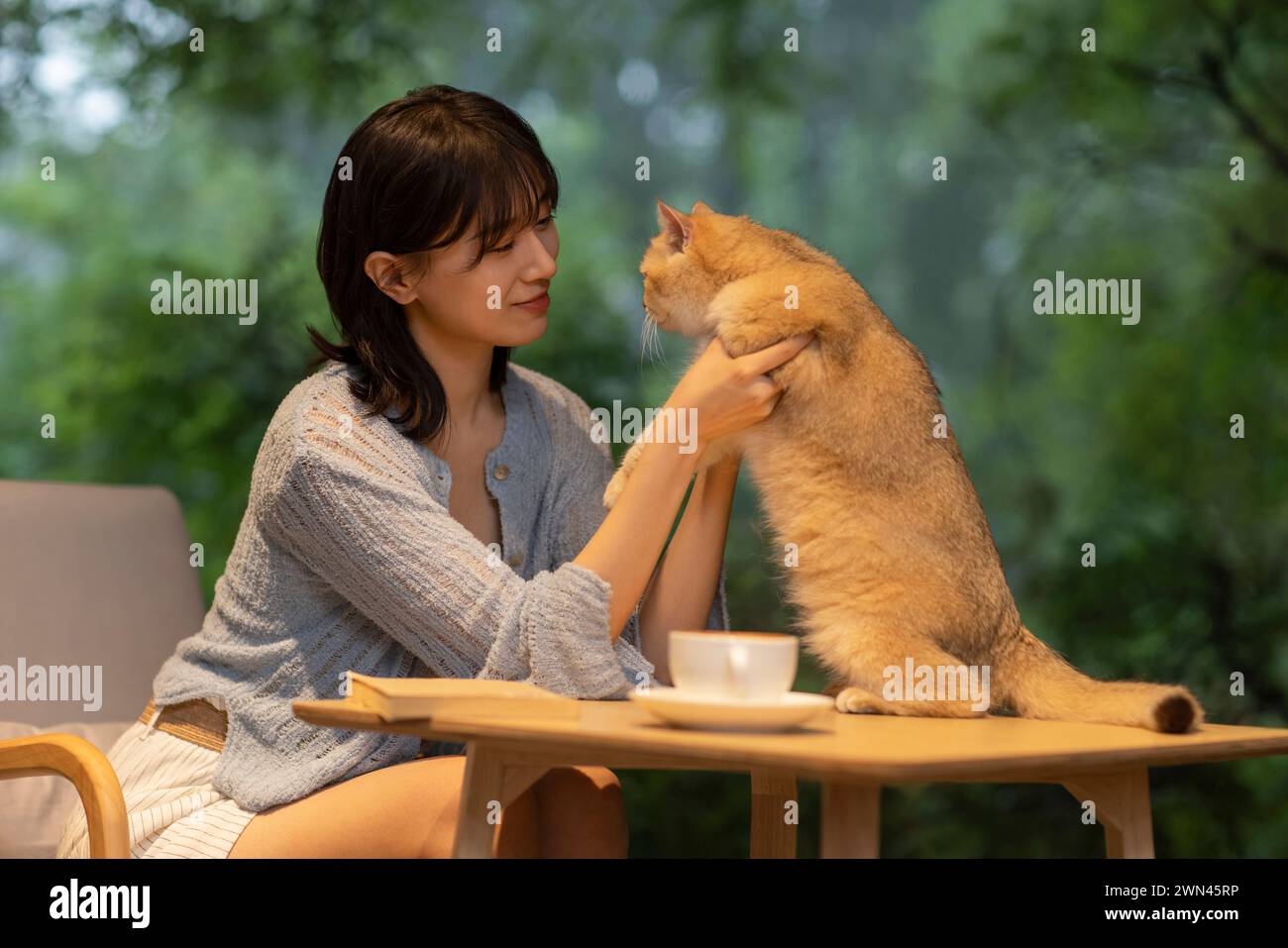 Young woman enjoying coffee in cat café Stock Photo