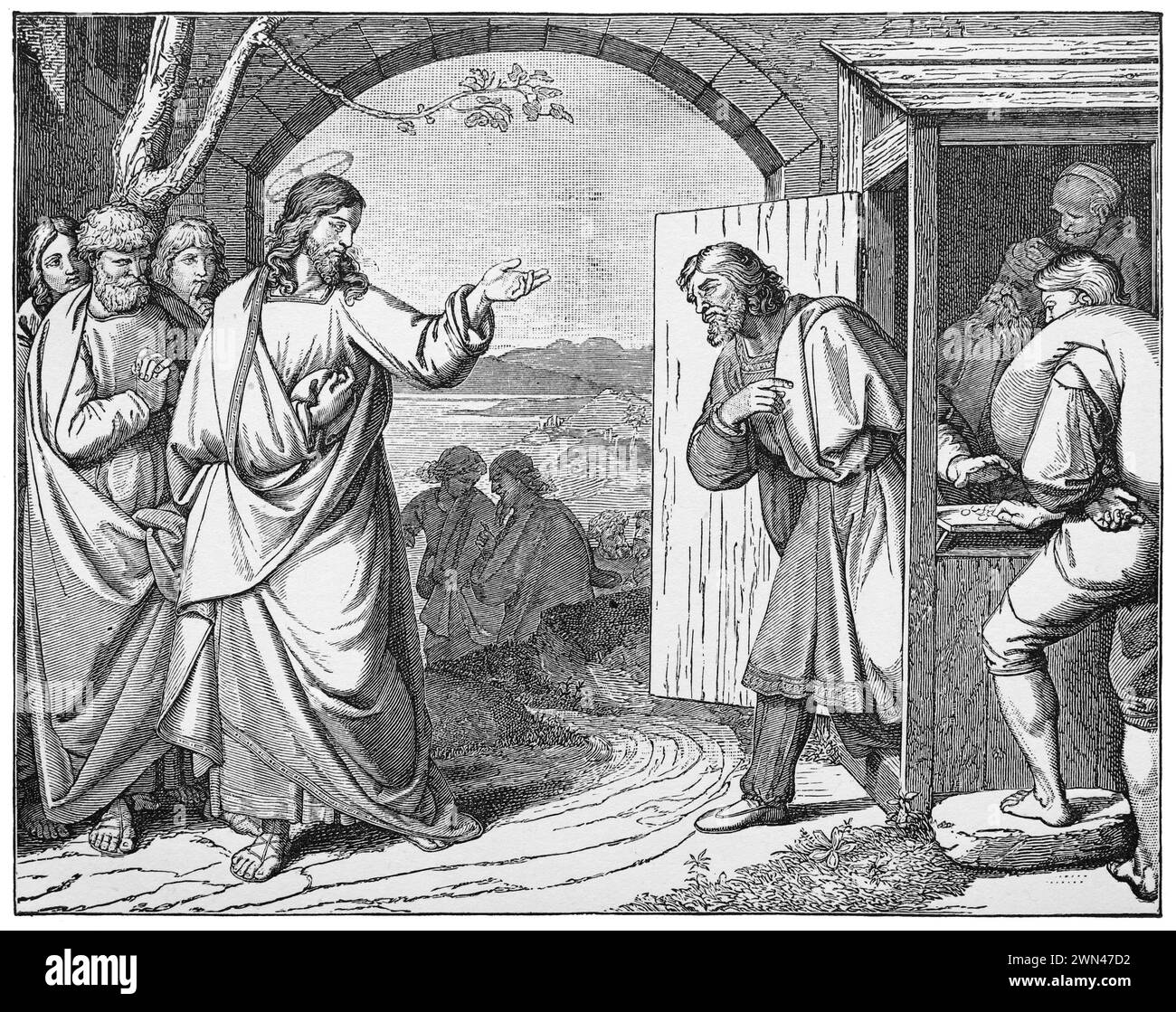 Jesus Calling Matthew to Ministry after the painting by Johann Friedrich Overbeck: Engraving from Lives of the Saints by the Reverend Sabin Baring-Gould, published 1898 Stock Photo