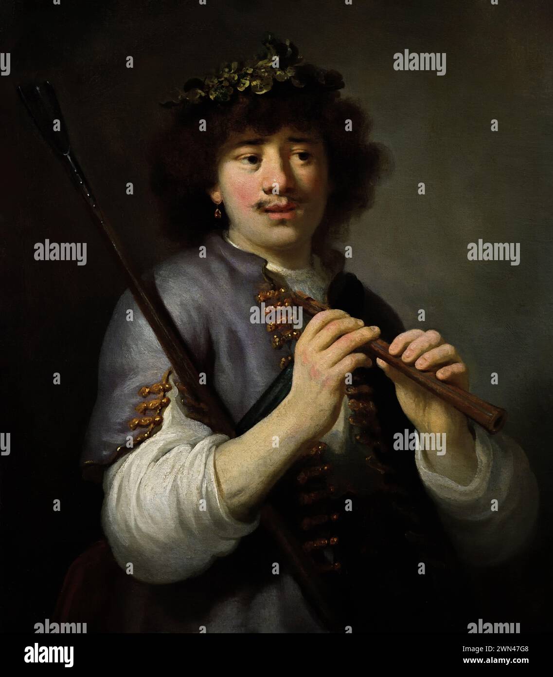 Rembrandt as a Shepherd with a Staff and Flute 1636 Govert Flinck 1615- 1660, The Netherlands, Dutch, Holland, Royal Museum of Fine Arts,  Antwerp, Belgium, Belgian.  Rembrandt Harmensz (Harmenszoon) van Rijn Stock Photo