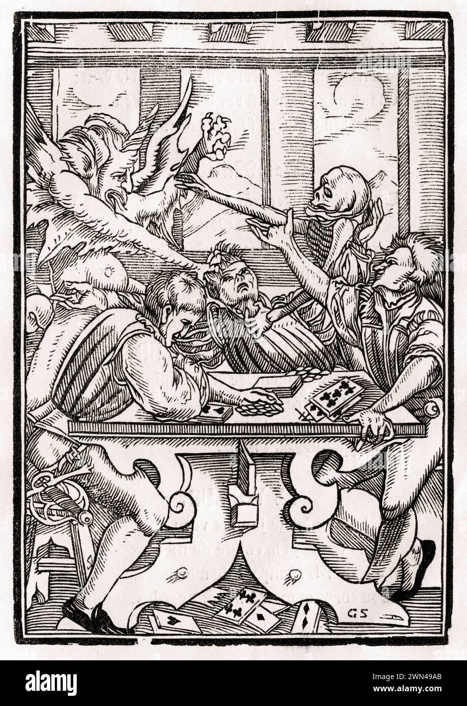 Der Tod und der Teufel kommen zum Kartenspieler Holzschnitt von Georg Scharffenberg nach Hans Holbein d. J. Aus Der Todten Tanz, erschienen in Basel 1 Stock Photo