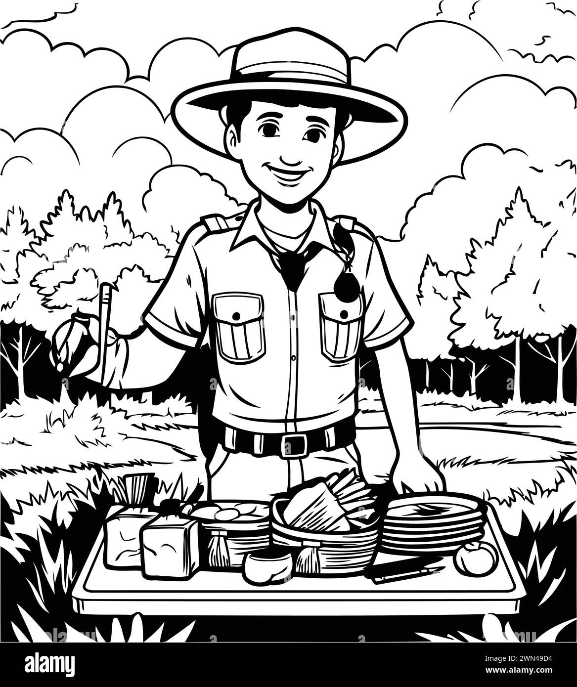 Boy scout with food in the field. black and white vector illustration Stock Vector