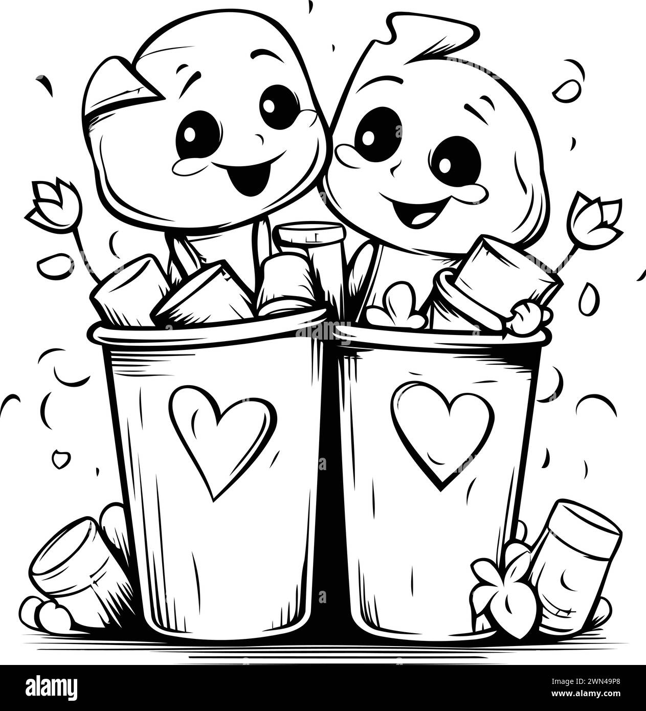 Black and White Cartoon Illustration of Valentine's Day or Love Lettering in Trash Bins for Coloring Book Stock Vector