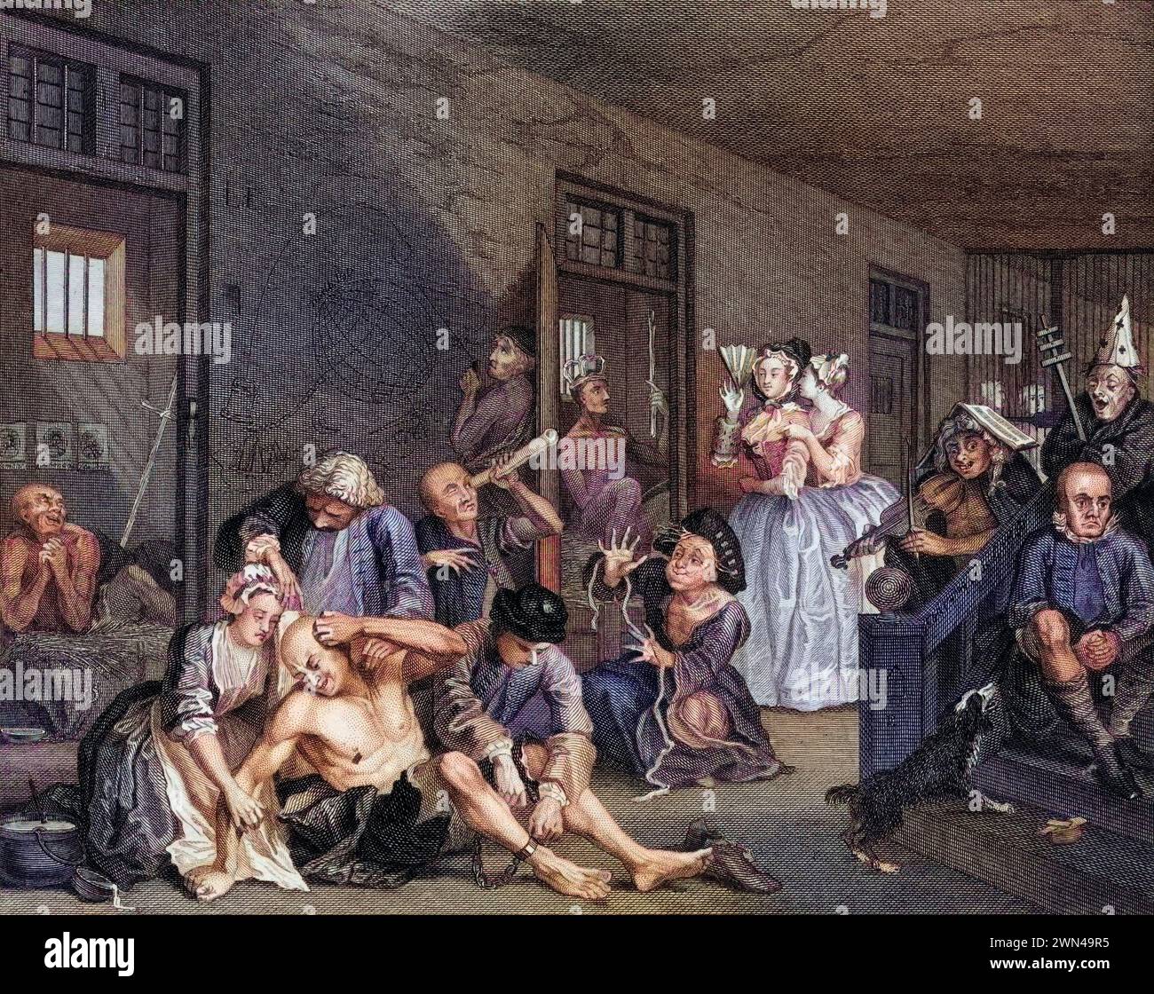 Die Fortschrittsszene der Rakes in Bedlam / The Rakes Progress Scene in Bedlam From the original picture by Hogarth from The Works of Hogarth publishe Stock Photo