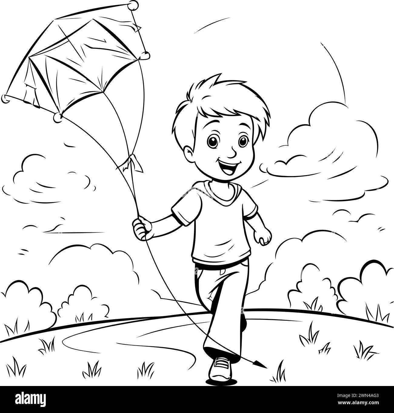Boy playing with a kite in the park. black and white vector illustration Stock Vector