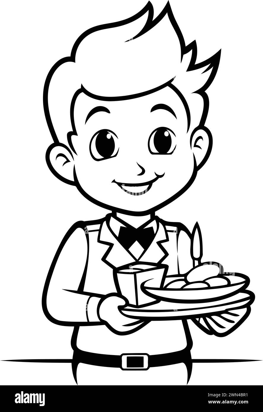Cartoon waiter holding a tray of food - Black and White Vector Illustration Stock Vector