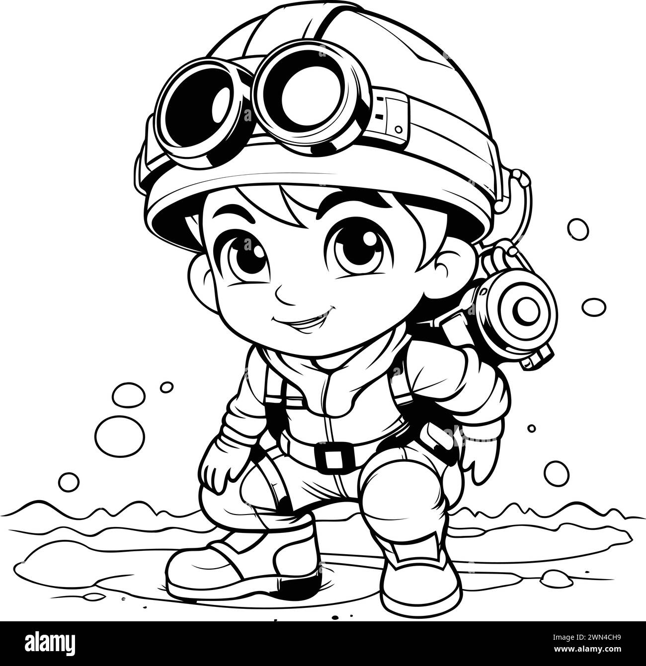 Black and White Cartoon Illustration of Cute Little Boy Wearing a Safety Helmet for Coloring Book Stock Vector