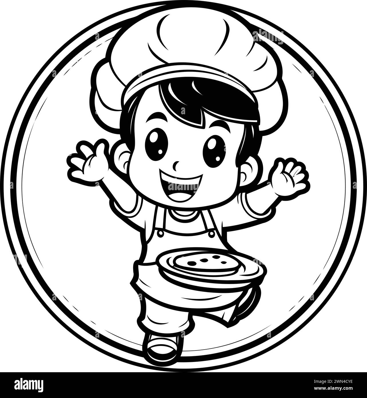 Black and White Cartoon Illustration of Cute Little Boy Chef with Pancake for Coloring Book Stock Vector