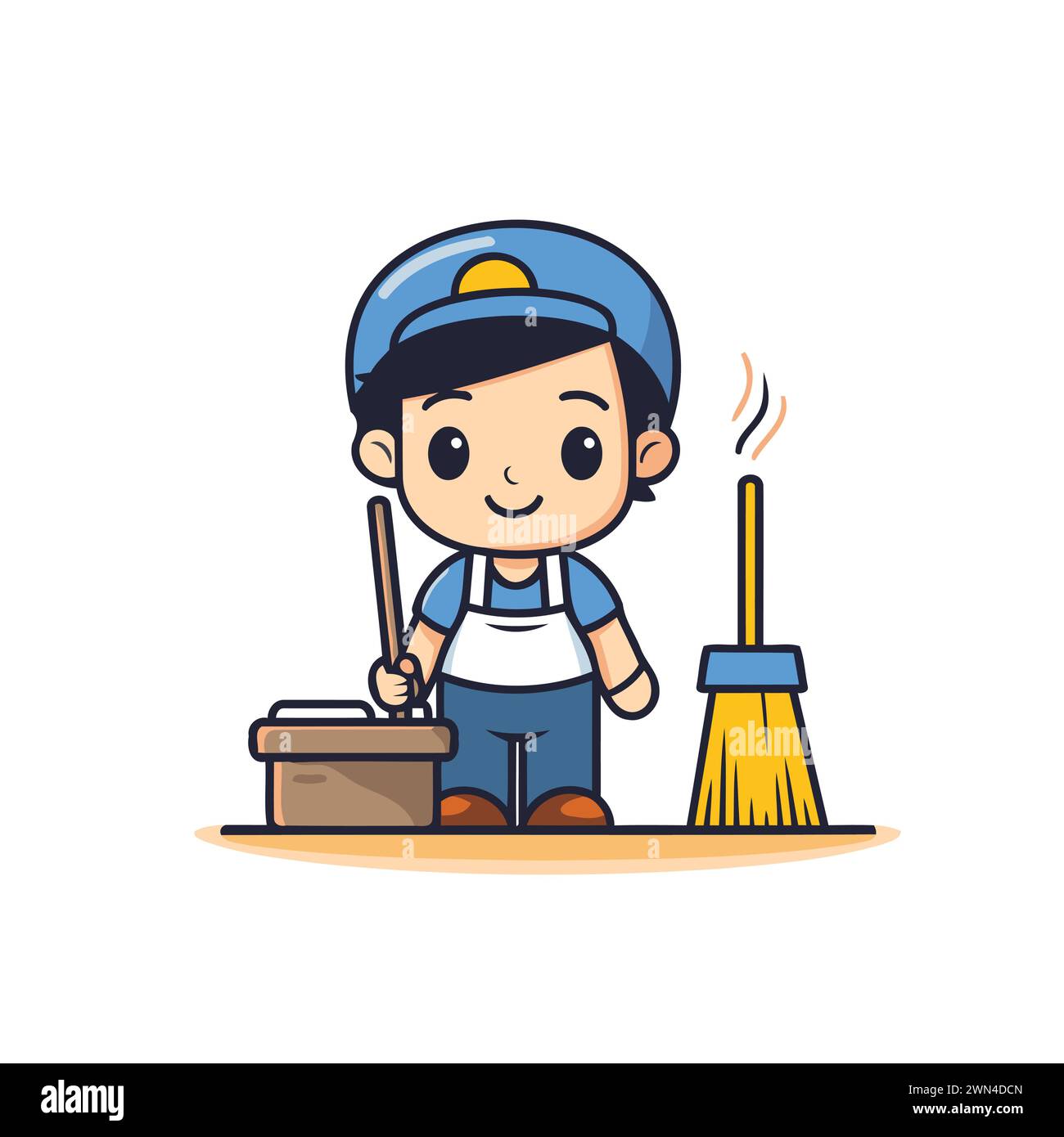 Cleaning Service Cartoon Mascot Character With Mop And Broom Stock