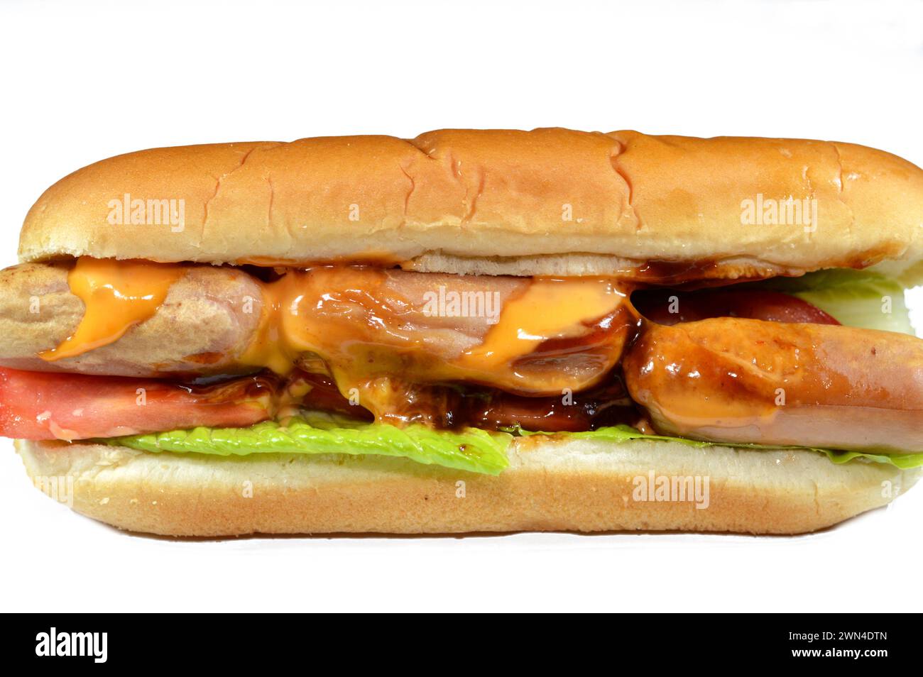 chicken hot dog with thousand island dressing sauce of ketchup