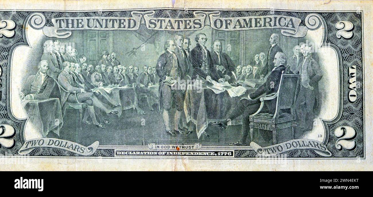 Large fragment of the reverse side of 2 two dollars bill banknote series 1976 with Trumbull's declaration of independence, old American money banknote Stock Photo