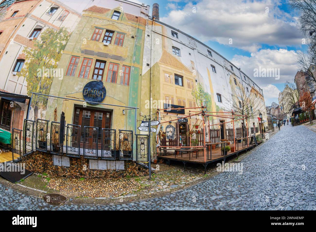 BELGRADE,SERBIA-March 4, 2020: Old painted buildings on the vintage street Skadarlija, the main bohemian place of the city. Stock Photo
