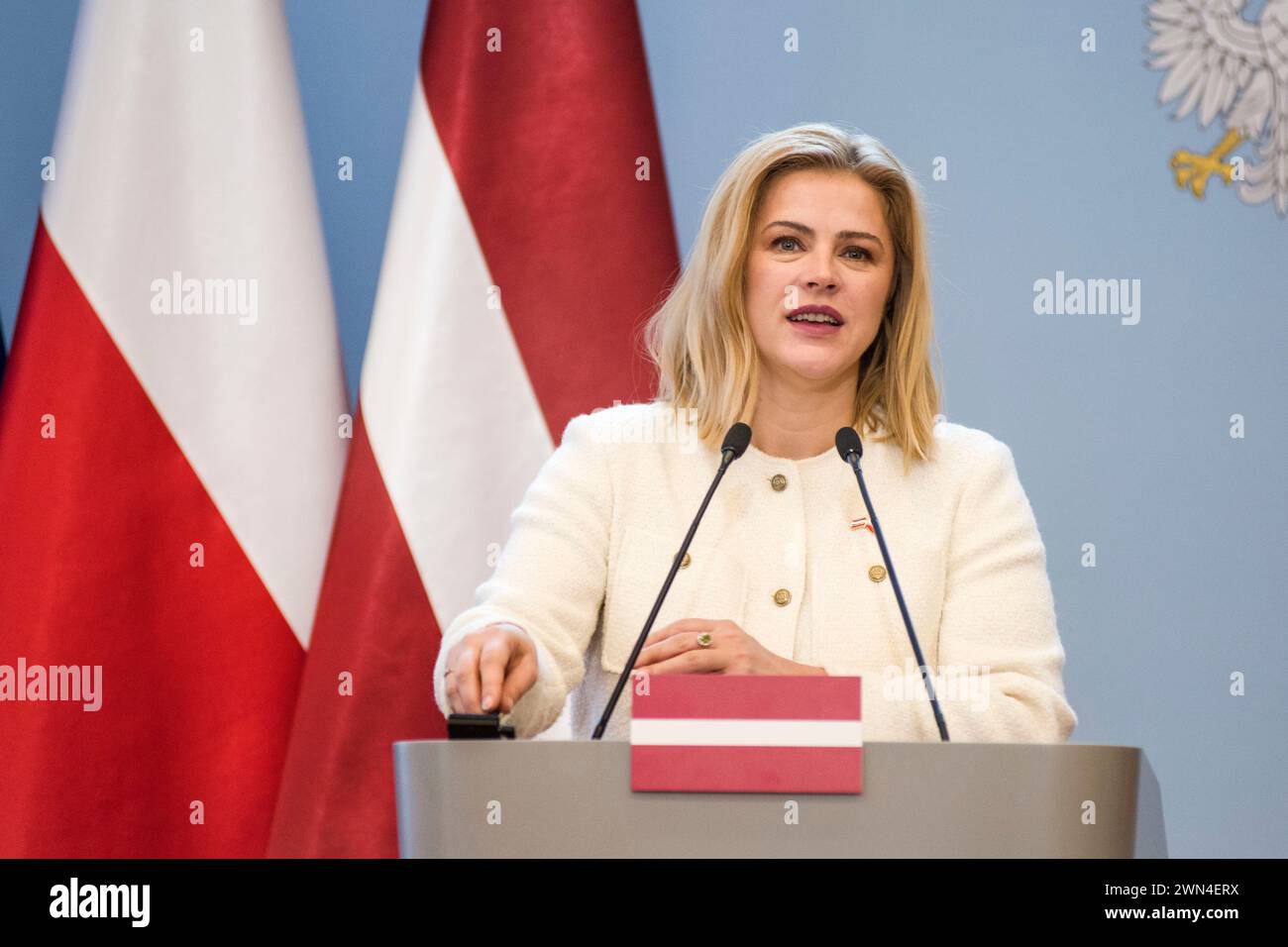 Warsaw, Poland. 29th Feb, 2024. Latvia's prime minister Evika Silina speaks at a press conference with PM Donald Tusk (not in view) in Warsaw. The Latvian Prime Minister Evika Silina visited Poland and met with Donald Tusk, Poland's PM. The prime ministers' bilateral meeting focused mainly on European security in the context of the Russian invasion in Ukraine and economic cooperation. Credit: SOPA Images Limited/Alamy Live News Stock Photo