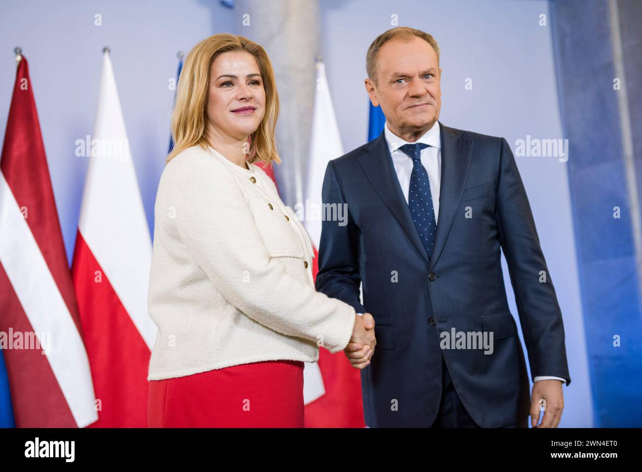 Warsaw, Poland. 29th Feb, 2024. Prime minister Donald Tusk (R) welcomes the Latvian PM Evika Silina (L) for a press conference in Warsaw. The Latvian Prime Minister Evika Silina visited Poland and met with Donald Tusk, Poland's PM. The prime ministers' bilateral meeting focused mainly on European security in the context of the Russian invasion in Ukraine and economic cooperation. Credit: SOPA Images Limited/Alamy Live News Stock Photo