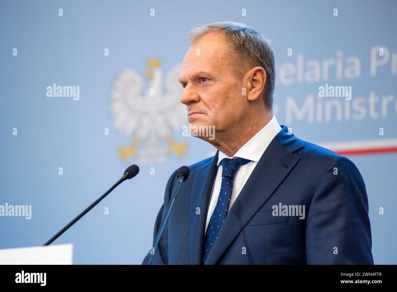 Warsaw, Poland. 29th Feb, 2024. Polish prime minister Donald Tusk speaks at a press conference with PM Evika Silina in Warsaw. The Latvian Prime Minister Evika Silina visited Poland and met with Donald Tusk, Poland's PM. The prime ministers' bilateral meeting focused mainly on European security in the context of the Russian invasion in Ukraine and economic cooperation. (Photo by Attila Husejnow/SOPA Images/Sipa USA) Credit: Sipa USA/Alamy Live News Stock Photo