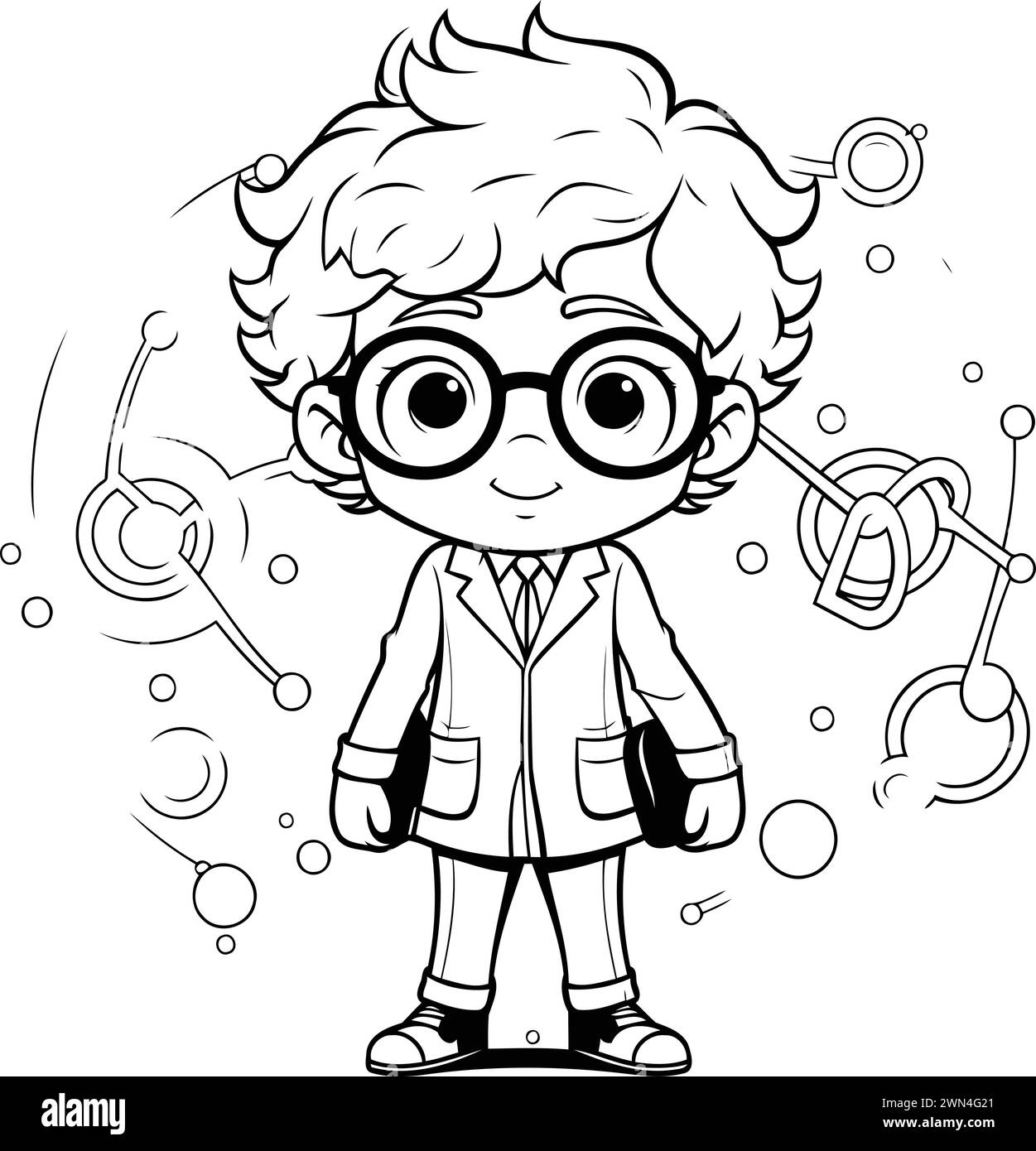 Black and White Cartoon Illustration of Little Boy Student or Scientist ...