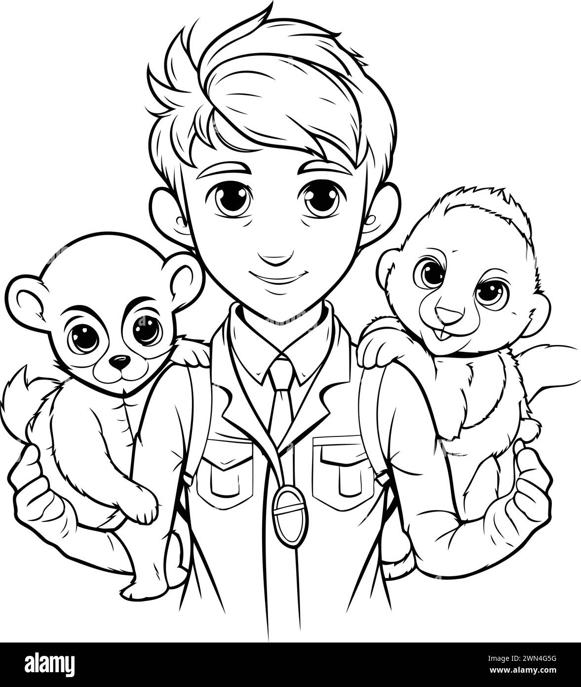 Vector illustration of a doctor holding a group of little monkeys on