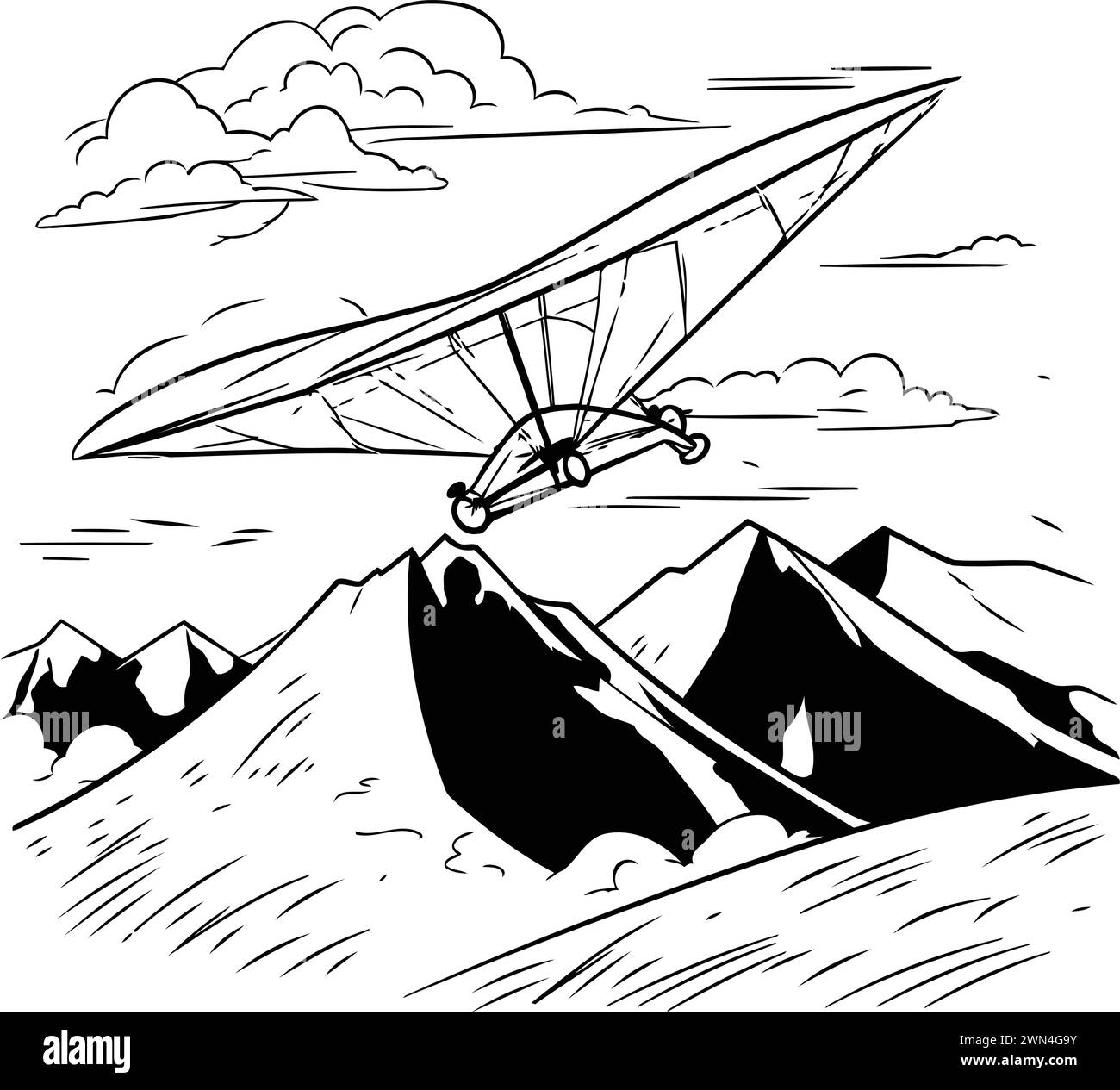 Hang glider flying in the mountains. sketch vector illustration. Stock Vector