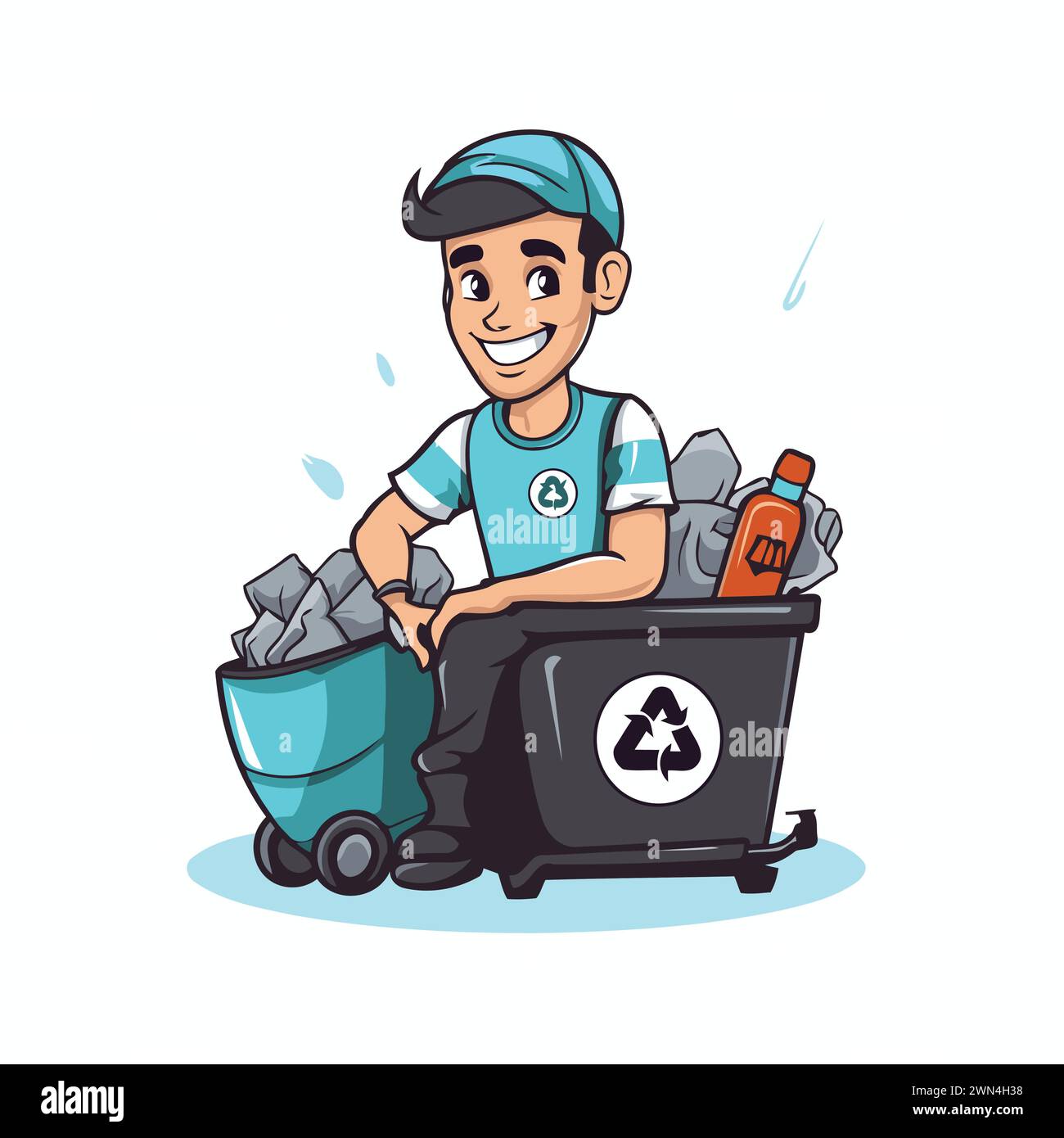 Vector illustration of a cartoon man with a garbage bin full of garbage. Stock Vector