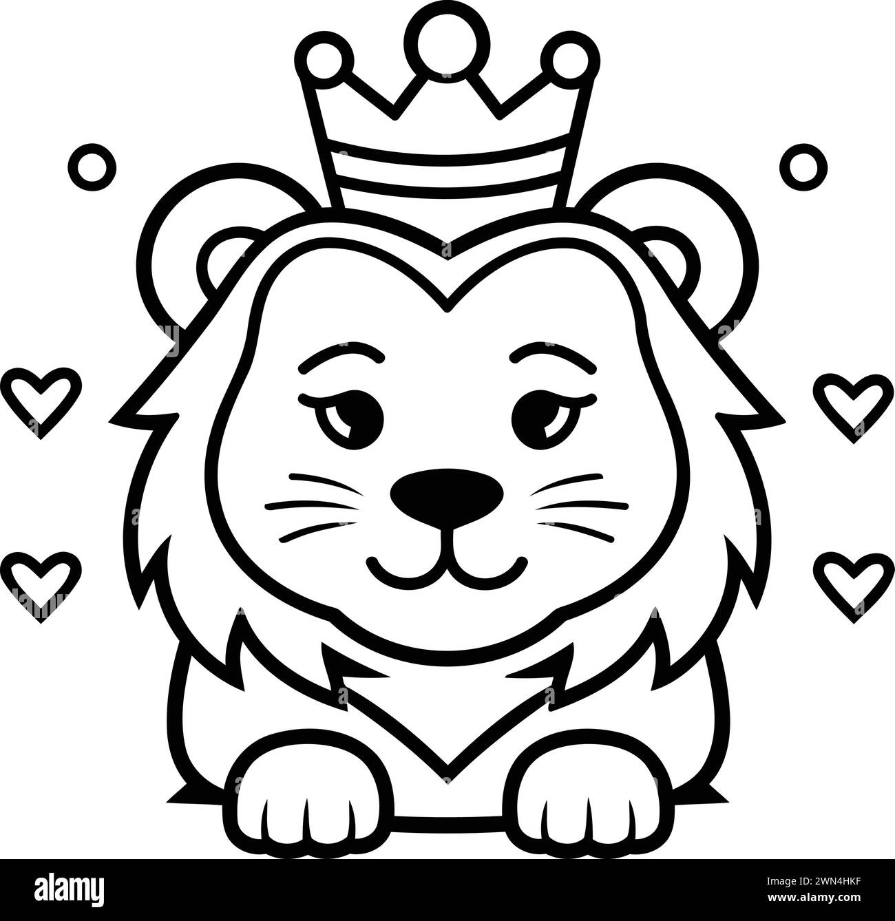 Black and White Cartoon Illustration of Cute Lion King Animal Character