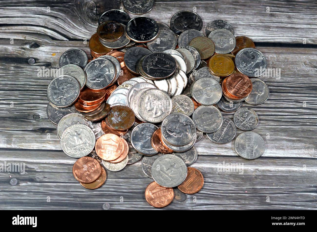 Pile of American coins of 1 cent, 5, 10, 25 cents quarter and one dollar, Vintage retro old American money background, United States of America dollar Stock Photo