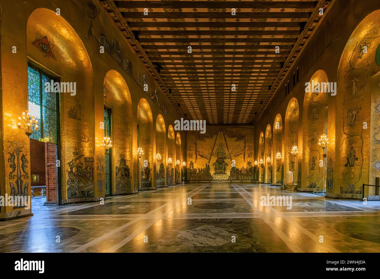 full length view of the golden hall of stockholm city hall with golden mosaic decorations used as ballroom after the nobel prize banquet Stock Photo