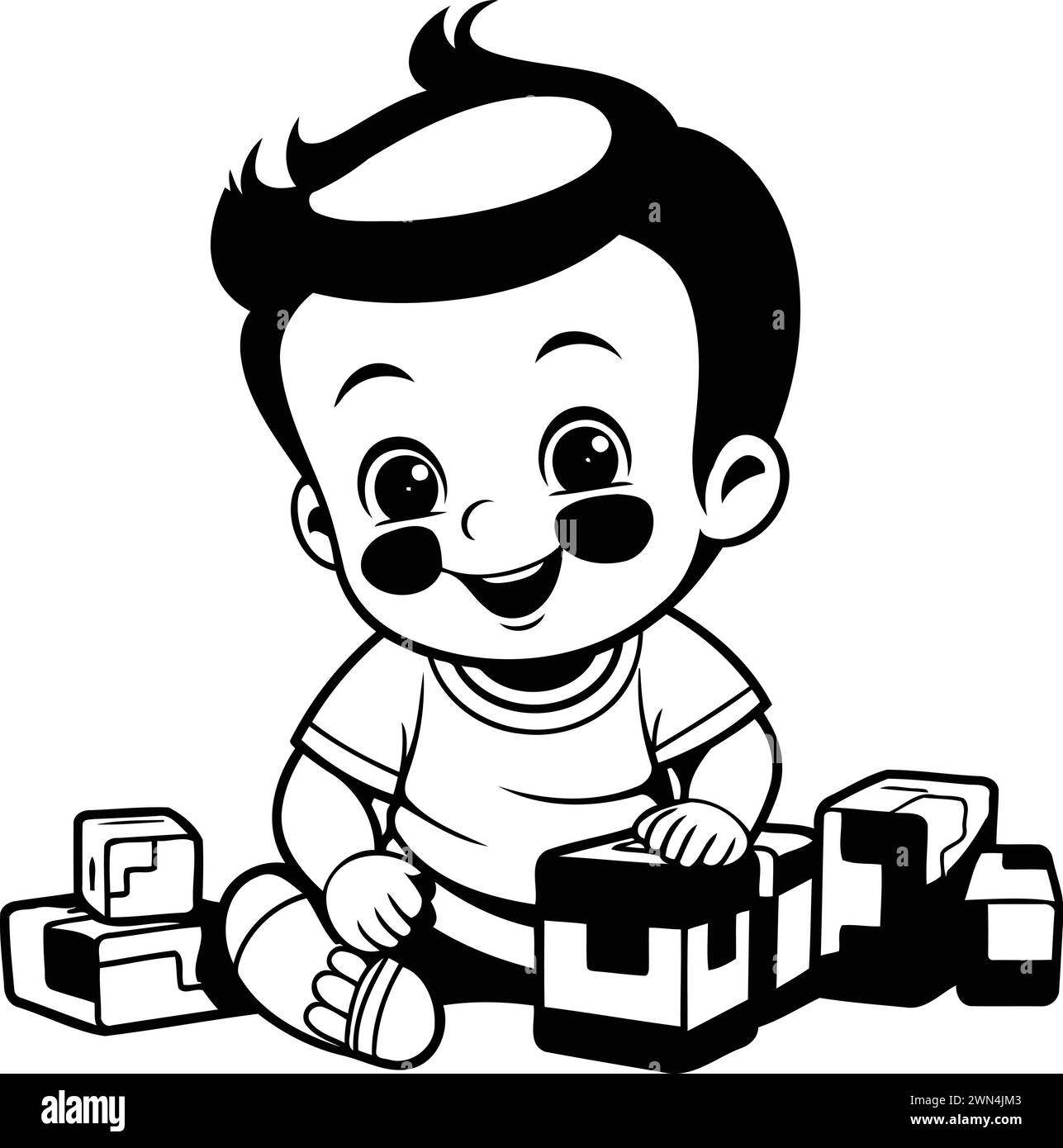 Cute Baby Boy Playing with Toy Blocks - Black and White Cartoon ...