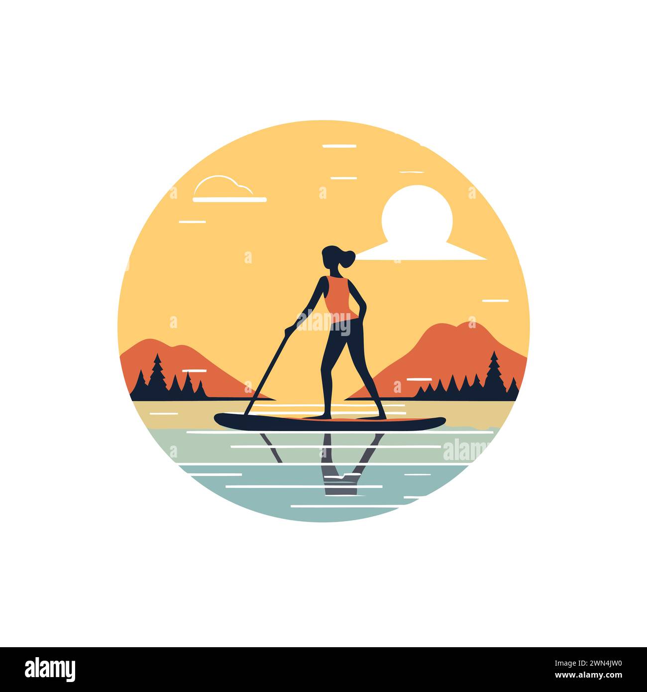 Woman on stand up paddle board. Vector illustration in flat style. Stock Vector