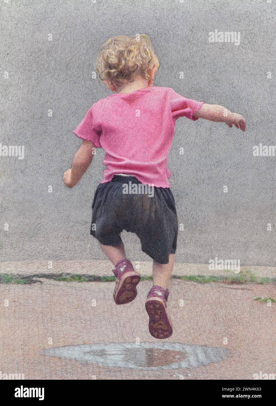 Photo illustration of a young child in a pink tee shirt and black shorts in midair, joyfully jumping over a small, rain puddle. Stock Photo