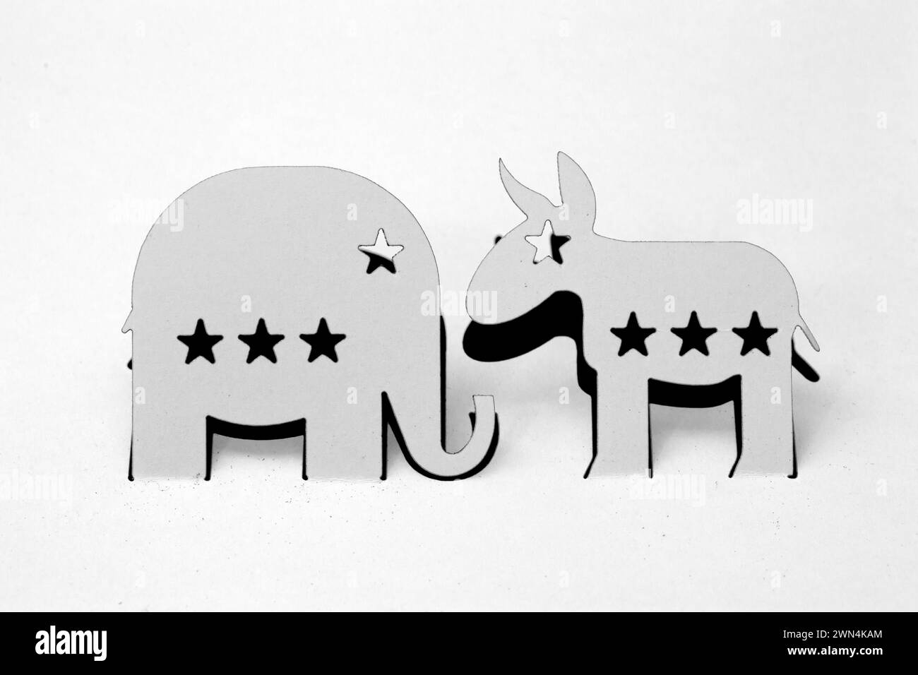 2 major american election mascots : donkey and elephant : cut paper Stock Photo