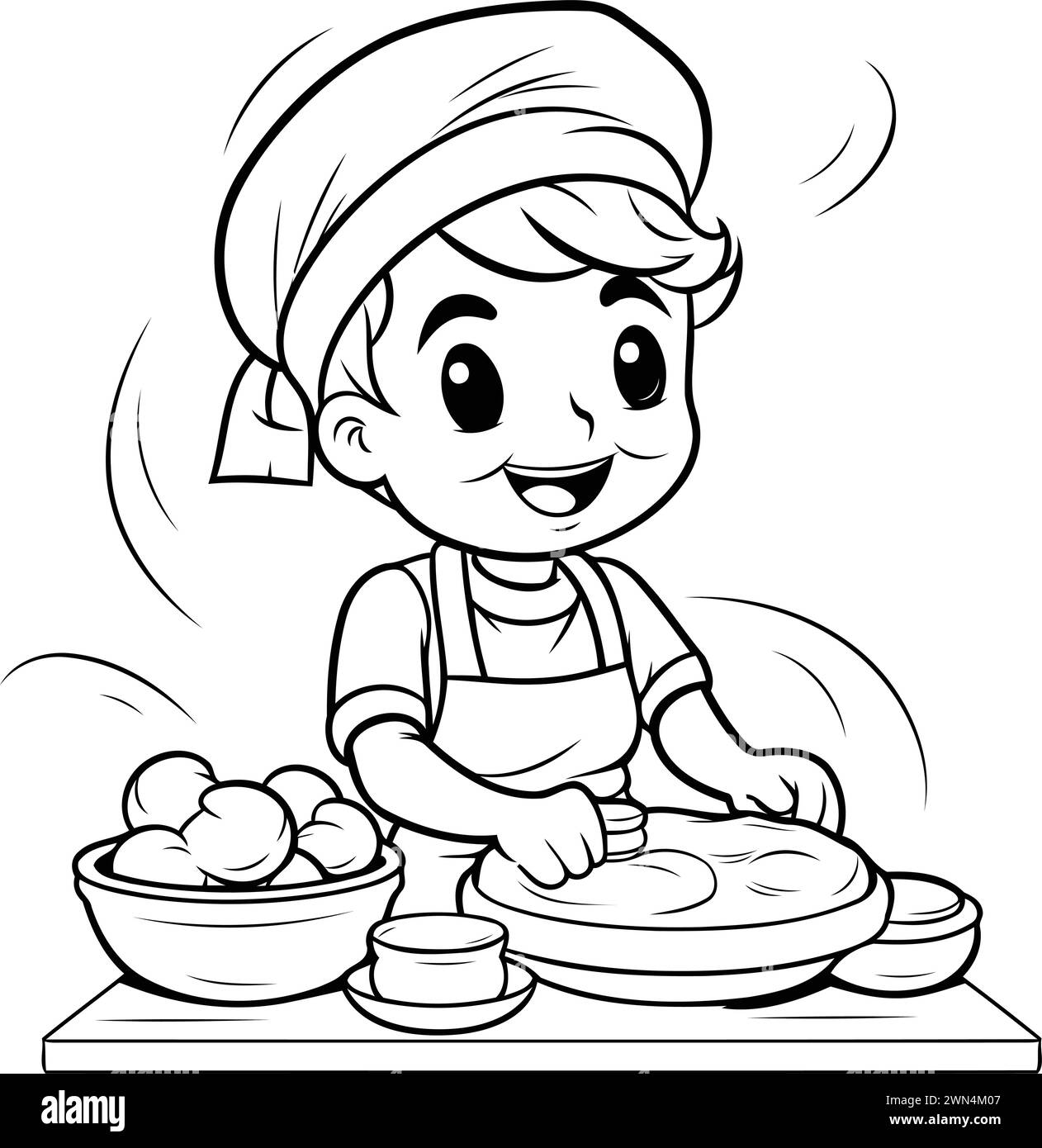 Black and White Cartoon Illustration of Cute Little Boy Cooking Food for Coloring Book Stock Vector