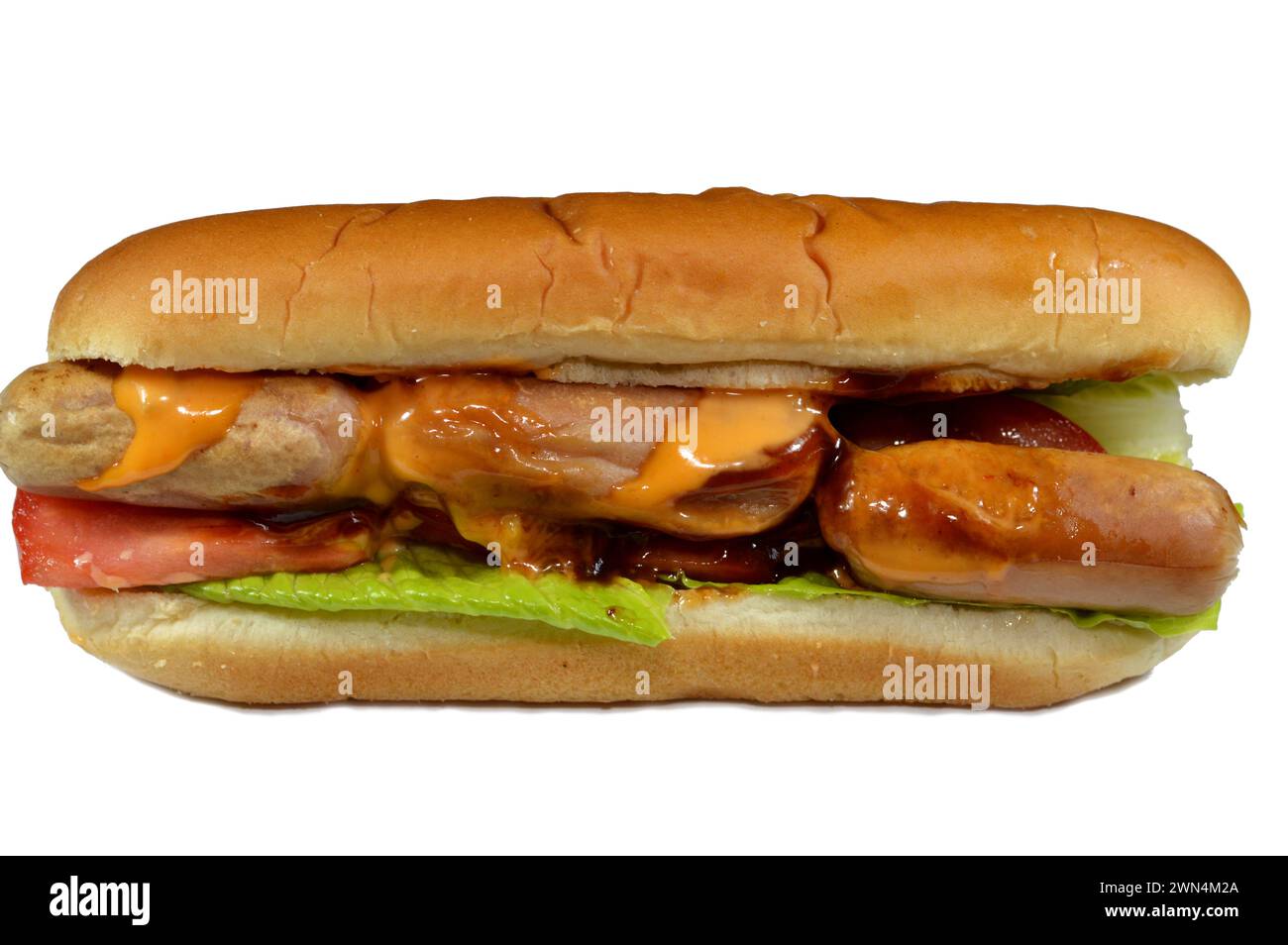 chicken hot dog with thousand island dressing sauce of ketchup