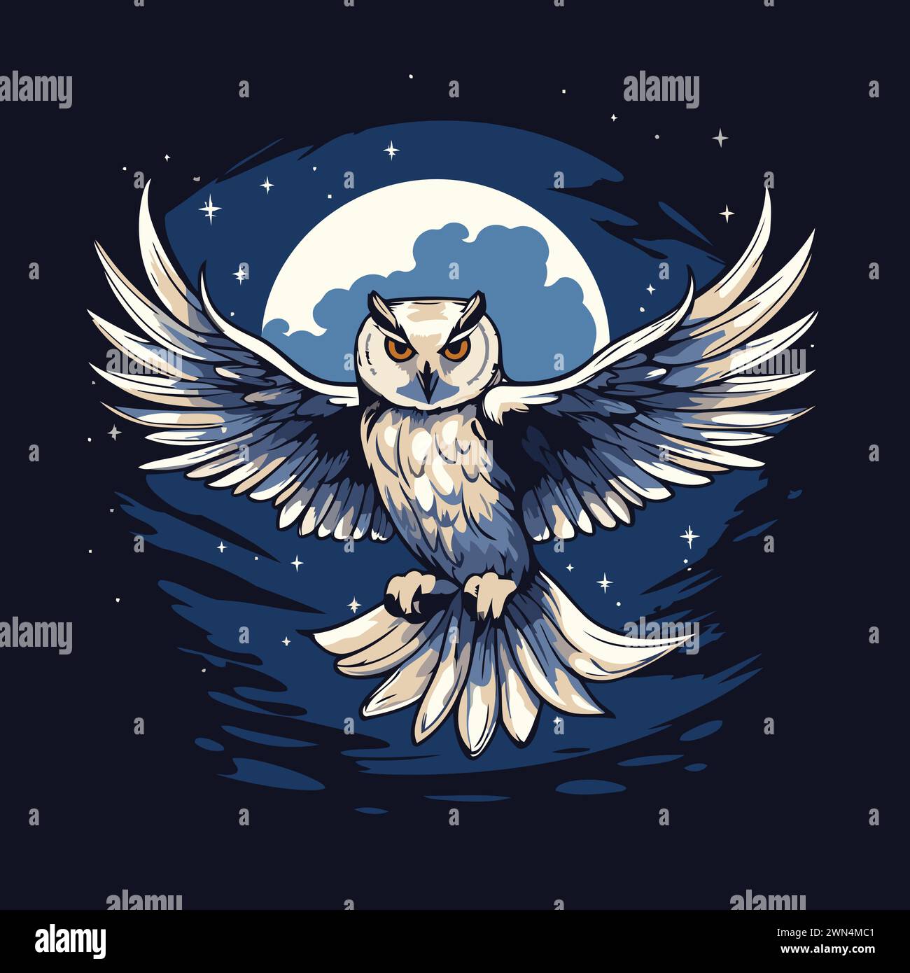 Owl flying in the night sky with full moon vector illustration stock