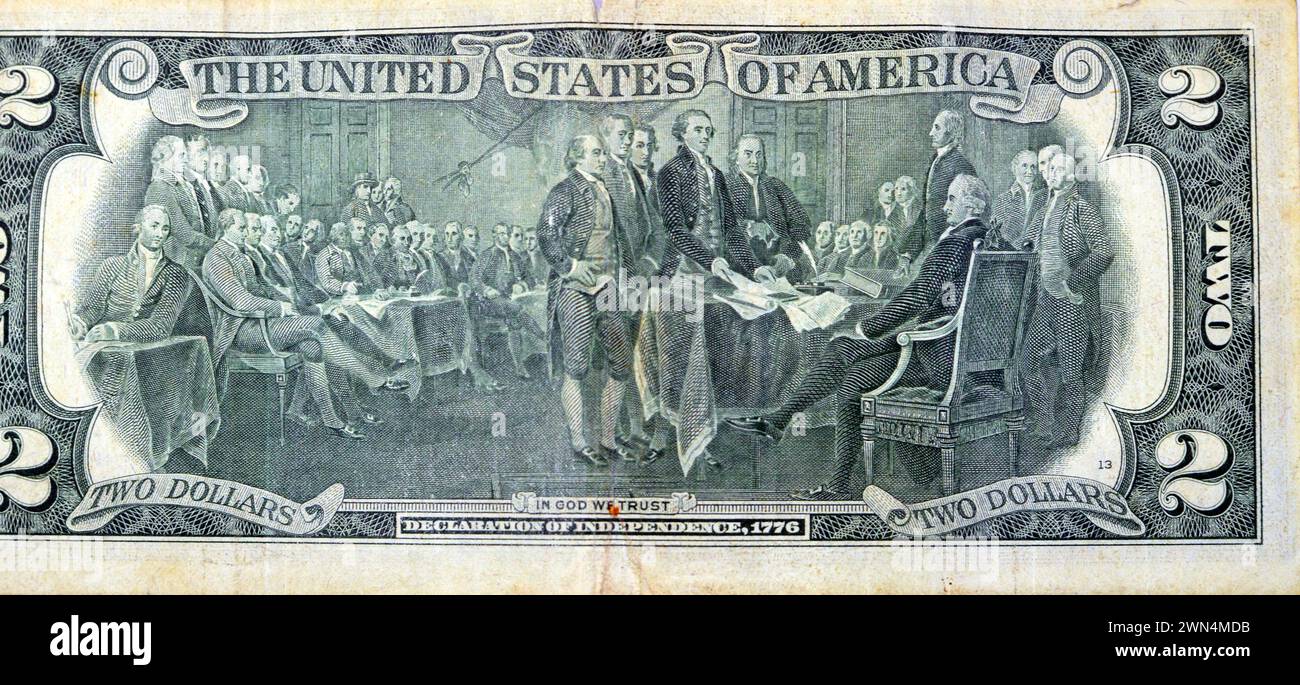 Large fragment of the reverse side of 2 two dollars bill banknote series 1976 with Trumbull's declaration of independence, old American money banknote Stock Photo