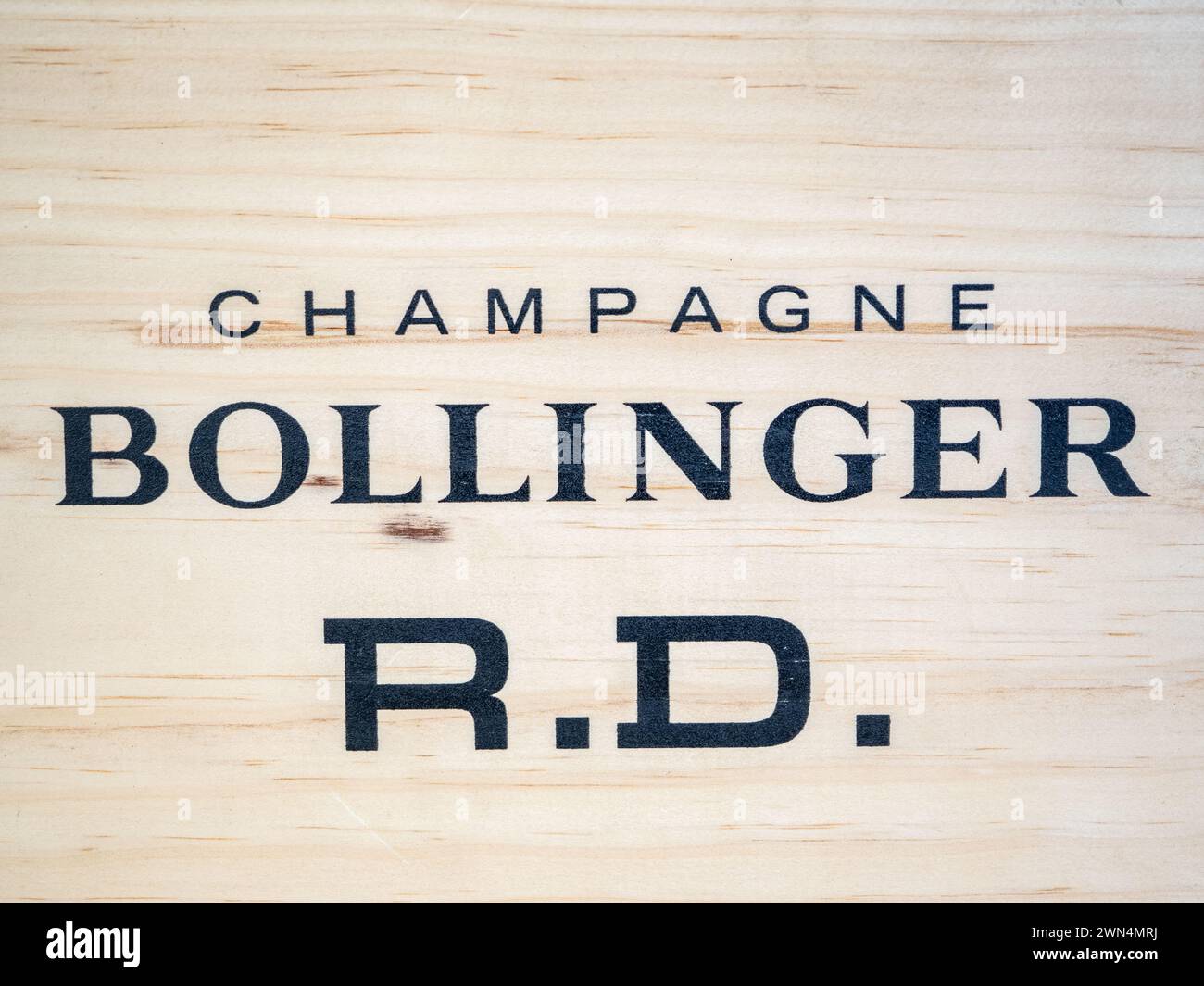 Cardiff Mid Glamorgan Wales United Kingdom February 29 2024 Wooden shipping case stamped with Bollinger RD Champagne Stock Photo