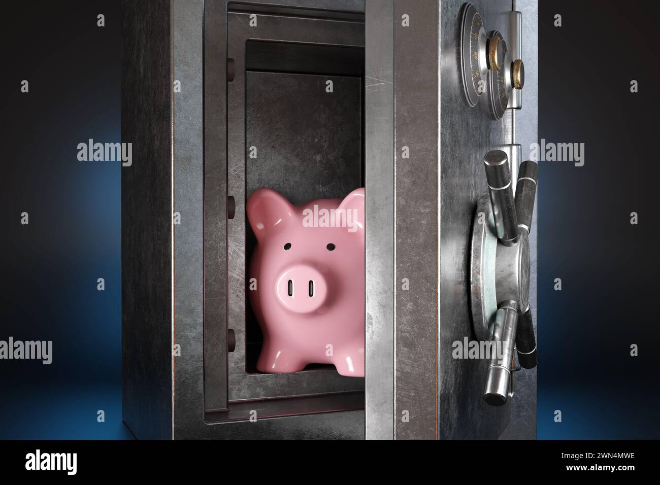Pink piggy bank in silver metallic vault safe having handle wheel on dark background. Concept of protection for savings account and financial security Stock Photo