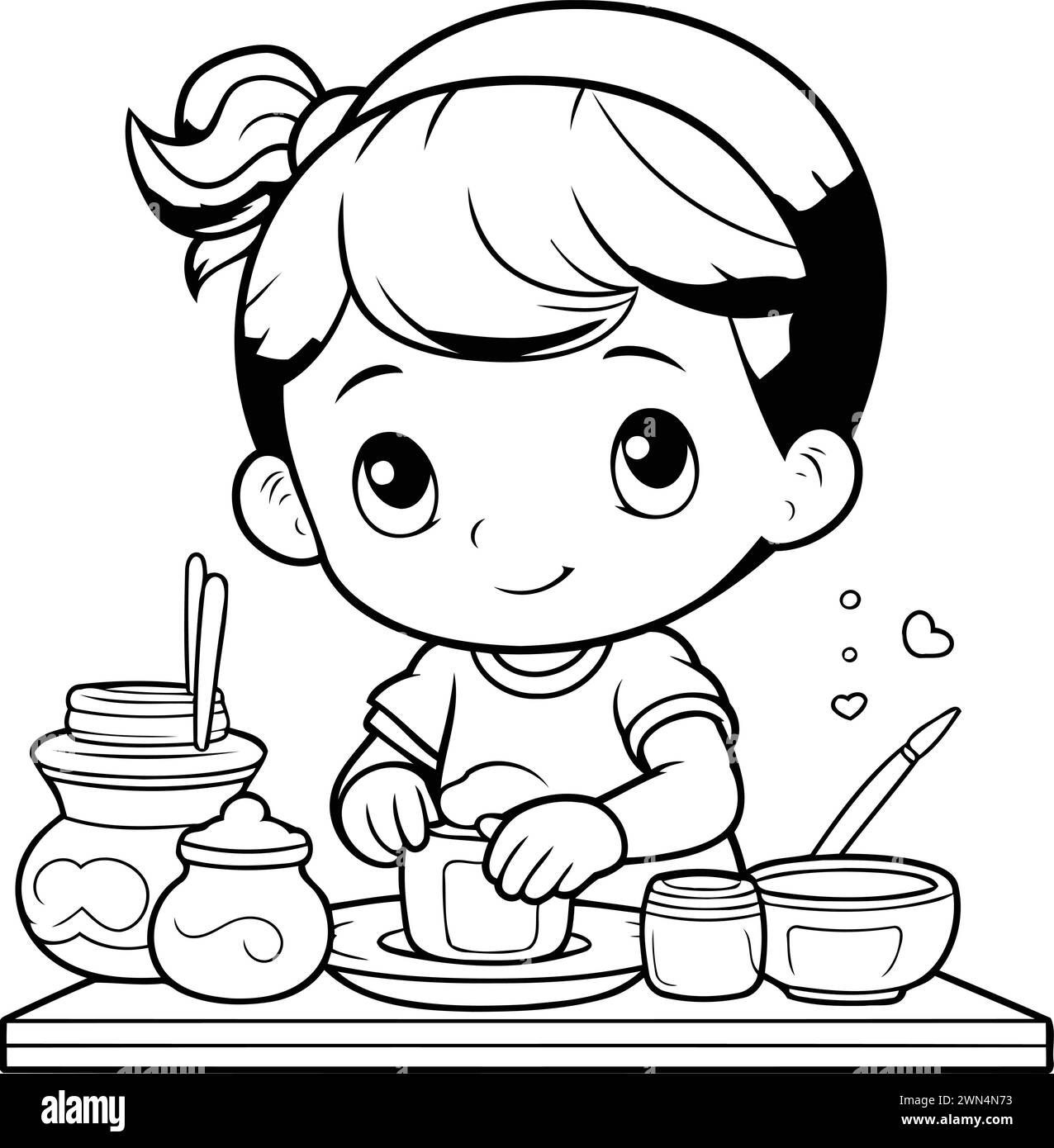 Black and White Cartoon Illustration of Little Girl Preparing Food for Coloring Book Stock Vector