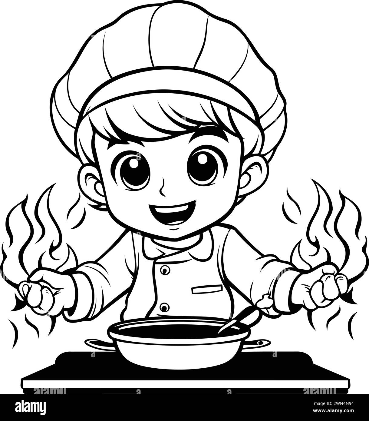 Black and White Cartoon Illustration of Cute Little Chef Girl Cooking Food for Coloring Book Stock Vector