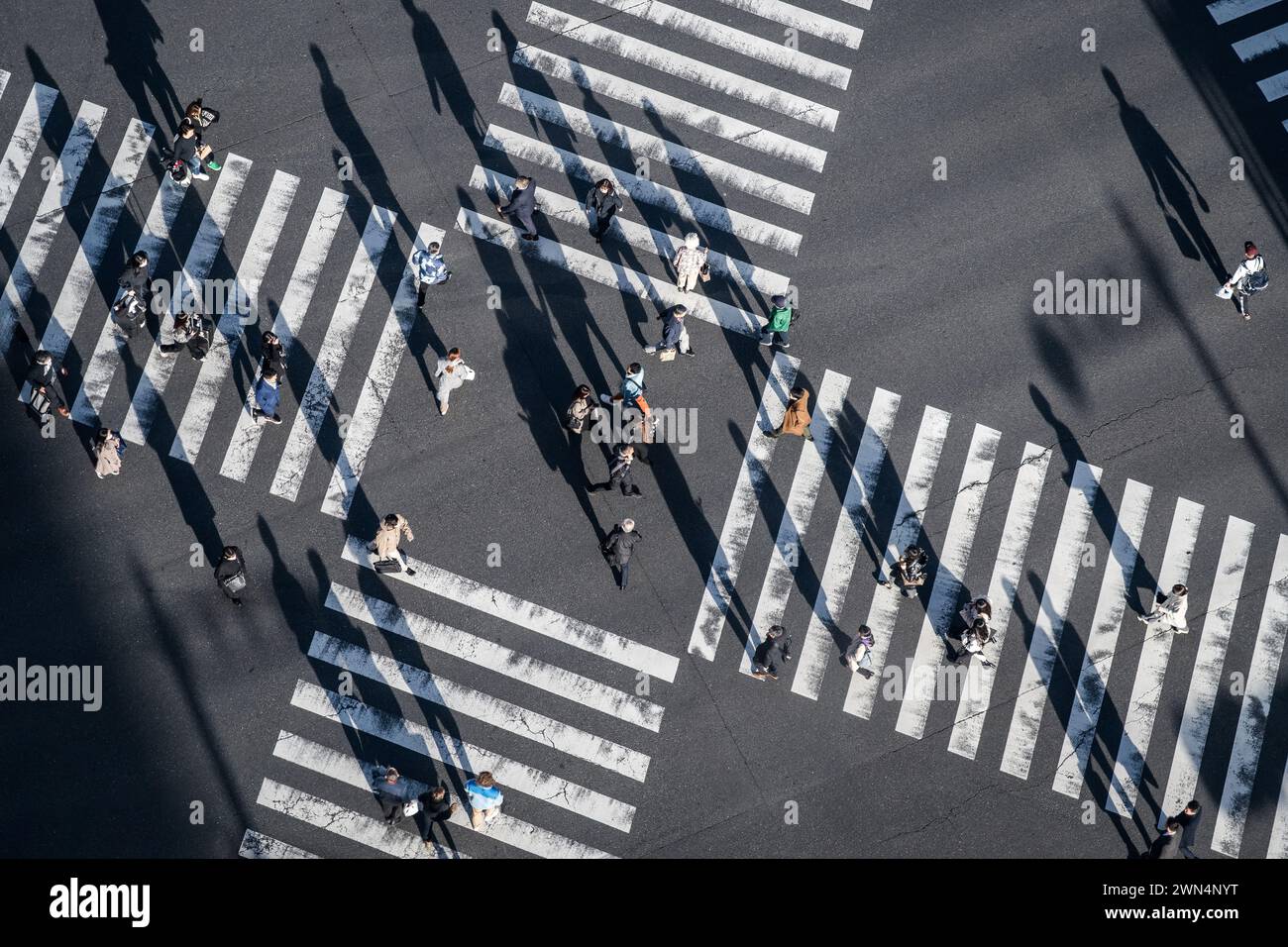 Pedestrians crossing the street at a busy intersection in Ginza, a popular upscale shopping area of Tokyo, Japan. Stock Photo