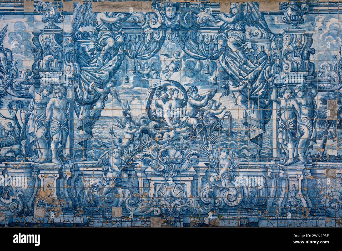 Ancient Portuguese Azulejo tiles at the historic Se do Porto Cathedral in Porto, Portugal. Stock Photo