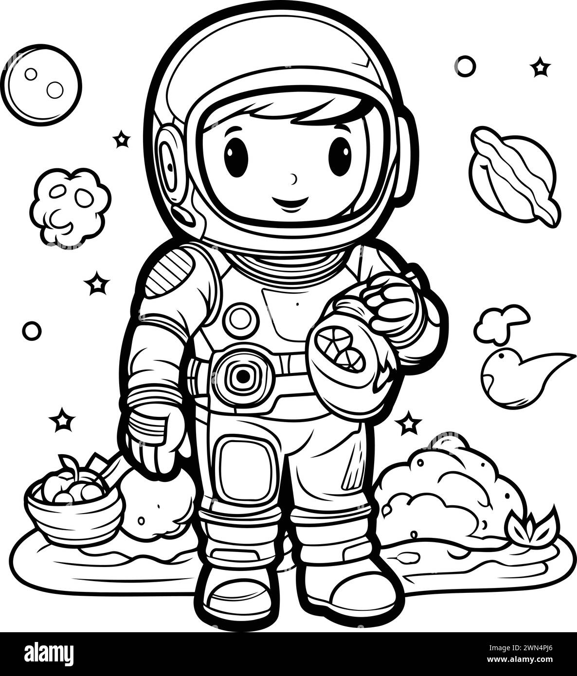 Astronaut with bowl of food. Coloring book for children Stock Vector