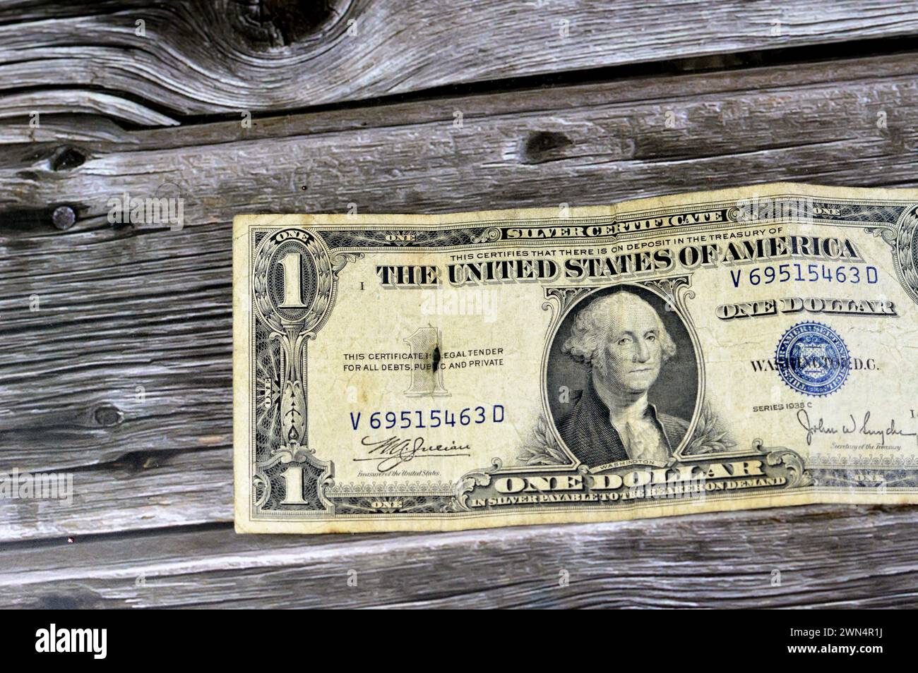 The Obverse side of 1 one dollar bill banknote series 1935 with the portrait of president George Washington, old American money banknote, vintage retr Stock Photo