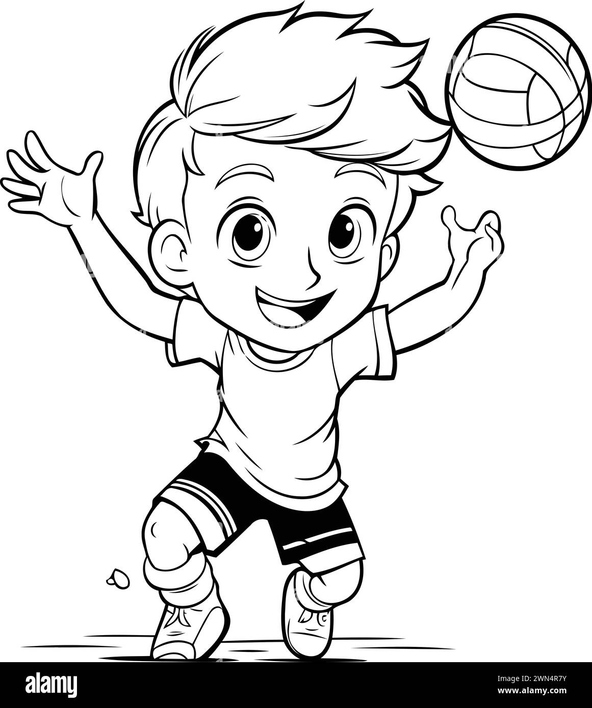 Little boy playing volleyball - Black and White Cartoon Illustration ...